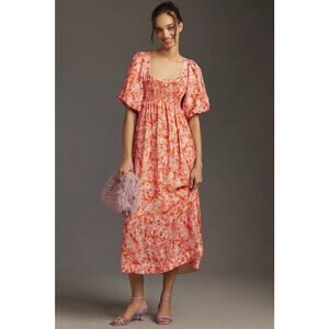 ANTHROPOLOGIE Short-Sleeve Smocked Babydoll Midi Dress Small Coquette